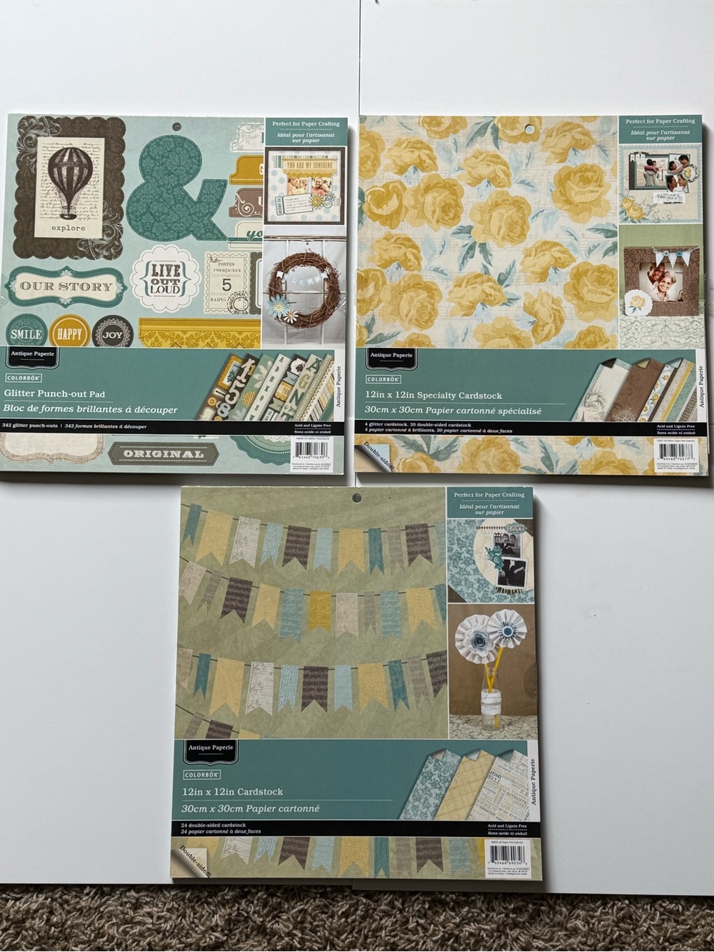 Colorbok SET OF 3 Antique Paperie Cardstock Paper Pads & Punch Out Pad 12x12